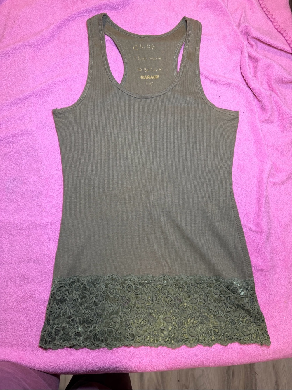 Garage Olive Green Racerback Tank with Lace Trim